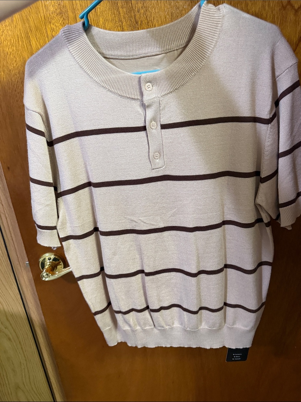 Beige Short Sleeve Henley with Brown Stripes